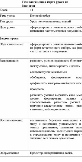 Технологическая карта урока по теме "Половой отбор"