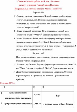Обложка для материала Самостоятельная работа №14  для 10 классов   на тему: «Инерция. Первый закон Ньютона.  Инерциальные системы отсчета. Масса. Плотность»