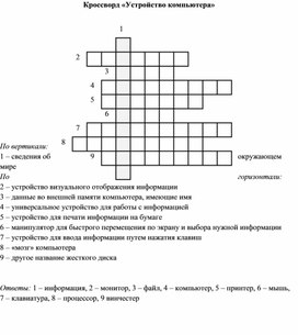 Кроссворд по информатике на тему "Устройство компьютера" (7 класс)