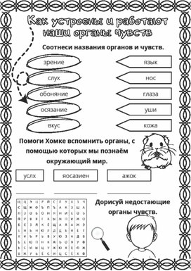 Рабочий лист к уроку окружающего мира по теме "Как устроены и работают наши органы чувств", 3 класс, УМК "Школа России"