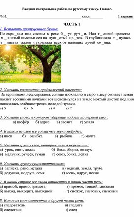 Обложка для материала Входная контрольная работа по русскому языку для учащихся 4 класса