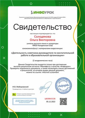 Обложка для материала Свидетельство "Деятельность советника руководителя по воспитательной работе в образовательной организации"