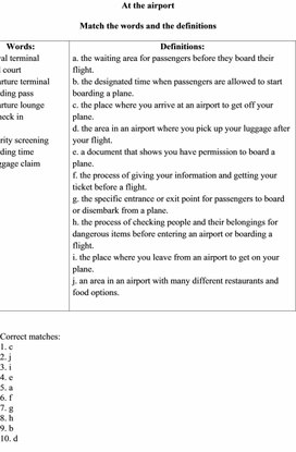 Лексическое упражнение на тему"At the airport" уровень  A1-A2