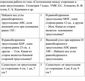 Контрольная работа по теме "Соотношения между сторонами и углами треугольника"