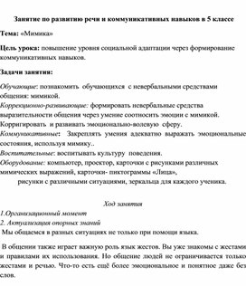 Конспект урока по разввитию речи и коммуникативных навыков в 5 классе по теме "Мимика"