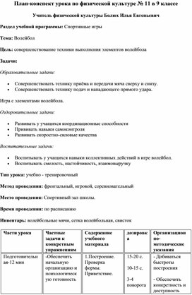 План-конспект урока в 9-ом классе по теме "Волейбол"