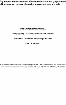 Рабочая программа по предмету «Основы социальной жизни»