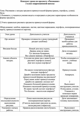 Конспект урока по предмету «Рисование» 2 класс коррекционной школы   Тема: Рисование с натуры предмета прямоугольной формы (ранец, портфель, сумка).