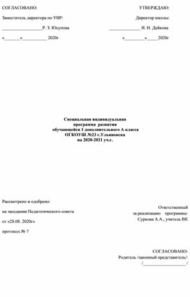 Специальная индивидуальная программа  развития  обучающейся 1 дополнительного А класса ОГКОУШ №23 г.Ульяновска на 2020-2021 уч.г.