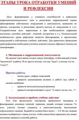 Структура урока отработки умений  и рефлексии с приемами работы