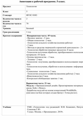 Обложка для материала Рабочая программа по технологии для 5 класса для школ на базе которых создан центр  " Точка роста".