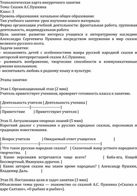 Обложка для материала Технологическая карта внеурочного урока по теме:"Сказки А.С.Пушкина"