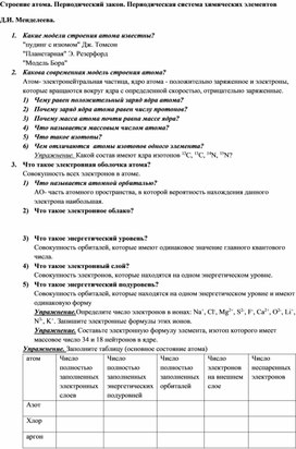 Семинар по теме "Строение атома. Периодический закон. Периодическая система химических элементов  Д.И. Менделеева"