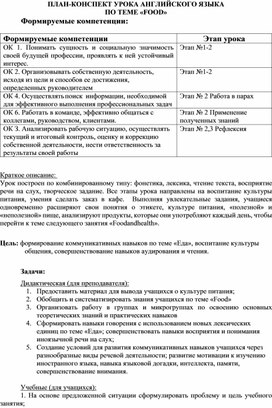 Обложка для материала ПЛАН-КОНСПЕКТ УРОКА АНГЛИЙСКОГО ЯЗЫКА ПО ТЕМЕ «FOOD»