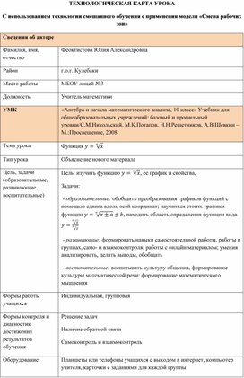 Технологическая карта урока Функции с применением технологии смешанного обучения