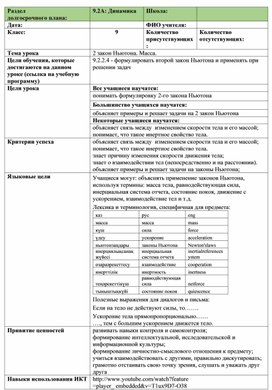 Обложка для материала Второй закон Ньютона Масса краткосрочный план