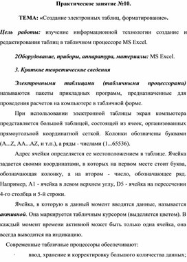 Обложка для материала ТЕМА: «Создание электронных таблиц, форматирование».