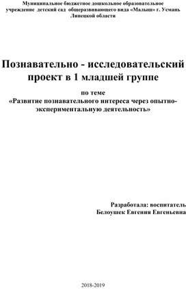 Познавательно - исследовательский проект в 1 младшей группе  по теме «Развитие познавательного интереса через опытно-экспериментальную деятельность»