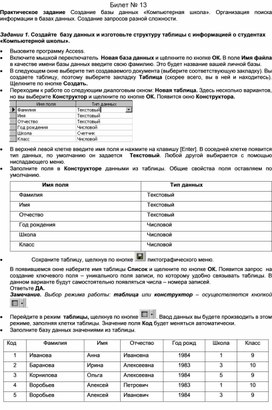 Обложка для материала Билет № 13 Практическое задание Создание базы данных «Компьютерная школа». Организация поиска информации в базах данных. Создание запросов разной сложности.