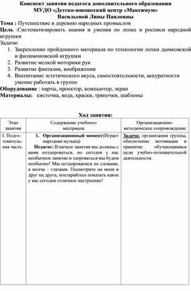 Конспект занятия творческого объединения Сказка из глины Путешествие в деревню народных промыслов