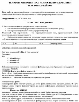 Обложка для материала ТЕМА: ОРГАНИЗАЦИЯ ПРОГРАММ С ИСПОЛЬЗОВАНИЕМ ТЕКСТОВЫХ ФАЙЛОВ