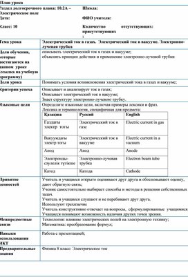 Обложка для материала 10 класс Физика Электрический ток в газах Краткосрочный план