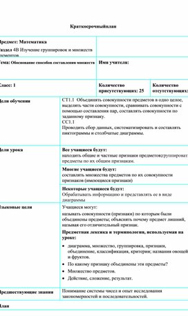 Обложка для материала 1СОбоснование способов составления множеств КРАТКОСРОЧНЫЙ ПЛАН