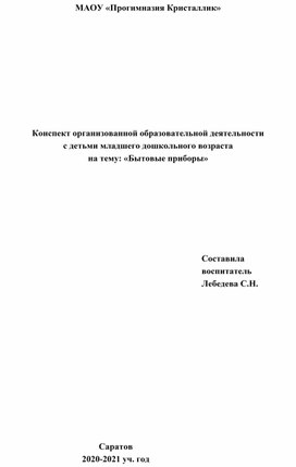 Конспект занятия по развитию речи в первой младшей группе детского сада на тему "Электроприборы"