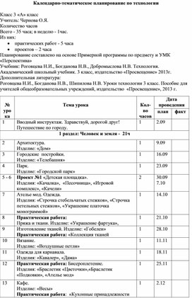 Календарно-тематическое планирование по технологии, 3 класс, УМК "Перспектива"