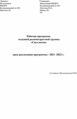 Рабочая программа младшей разновозрастной группы на 2021-2022 учебный год