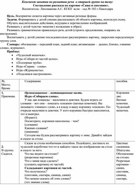 Конспект занятия по развитию речи  в старшей группе на тему: Составление рассказа по картине «Саша и снеговик».