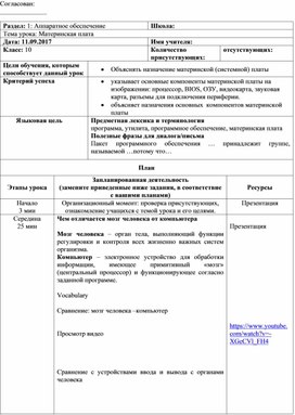 Обложка для материала Информатика 10 класс Аппаратное обеспечение Материнская плата план урока