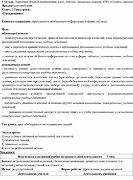 Конспект урока для 2 класса по теме "Предложение" /урок обобщения и систематизации знаний/