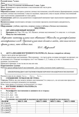 Конспект урока русского языка в 7 классе (коррекционная школа VIII вида). Уроки 85-86. Тема Склонение местоимений 3 лица.