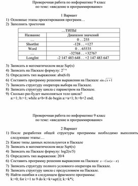 Проверочная работа по информатике 9 класс по теме: «введение в программирование»