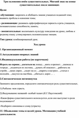 Три склонения имён существительных. Мягкий знак на конце существительных после шипящих