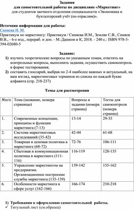 Задания для самостоятельной работы по дисциплине «Маркетинг»