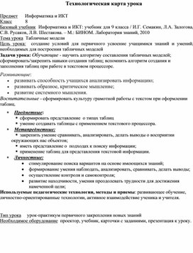 Обложка для материала Технологическая карта урока "Табличные модели" 8 класс