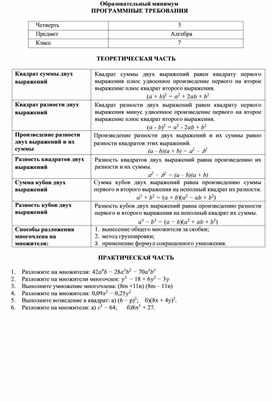 Образовательный минимум по алгебре  для 7 класса за 3 четверть