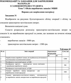 Обложка для материала Тема 7. Облік виробничих запасів і МШП  Вправи для закріплення матеріалу  Завдання 31