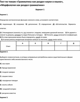Обложка для материала Тест по темам «Грамматика как раздел науки о языке»«Морфология как раздел грамматики 10 кл»