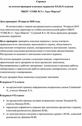 Справка об итогах проверки журналов за апрель