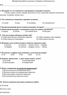 Проверочная работа по окружающему миру "Здоровье и безопасность"