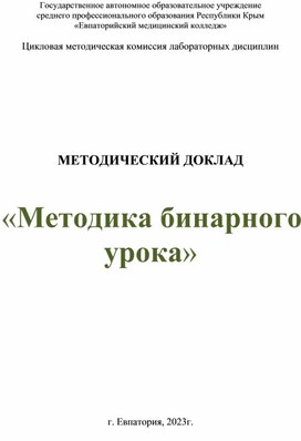 Обложка для материала МЕТОДИКА БИНАРНОГО УРОКА