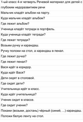Обложка для материала 1-ый класс 4-я четверть Речевой материал для детей с глубоким недоразвитием речи