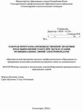 Обложка для материала Рабочая программа производственной практики  профессионального модуля  ПМ.02 Выполнение работ при эксплуатации муниципальных линий электропередачи