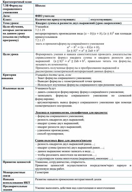 Обложка для материала математика_7 класс_формулы сокращенного умножения_краткосрочный план
