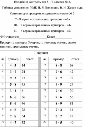 Входящий контроль для 5 – 7 классов № 2. Таблица умножения.