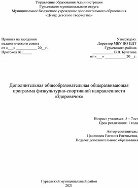 Дополнительная общеобразовательная общеразвивающая программа ¬¬¬¬¬¬физкультурно-спортивной направленности «Здоровячок»