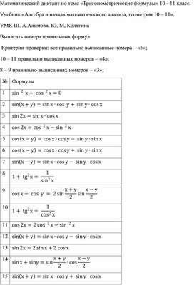 Математический диктант по теме «Тригонометрические формулы» 10 - 11 класс.